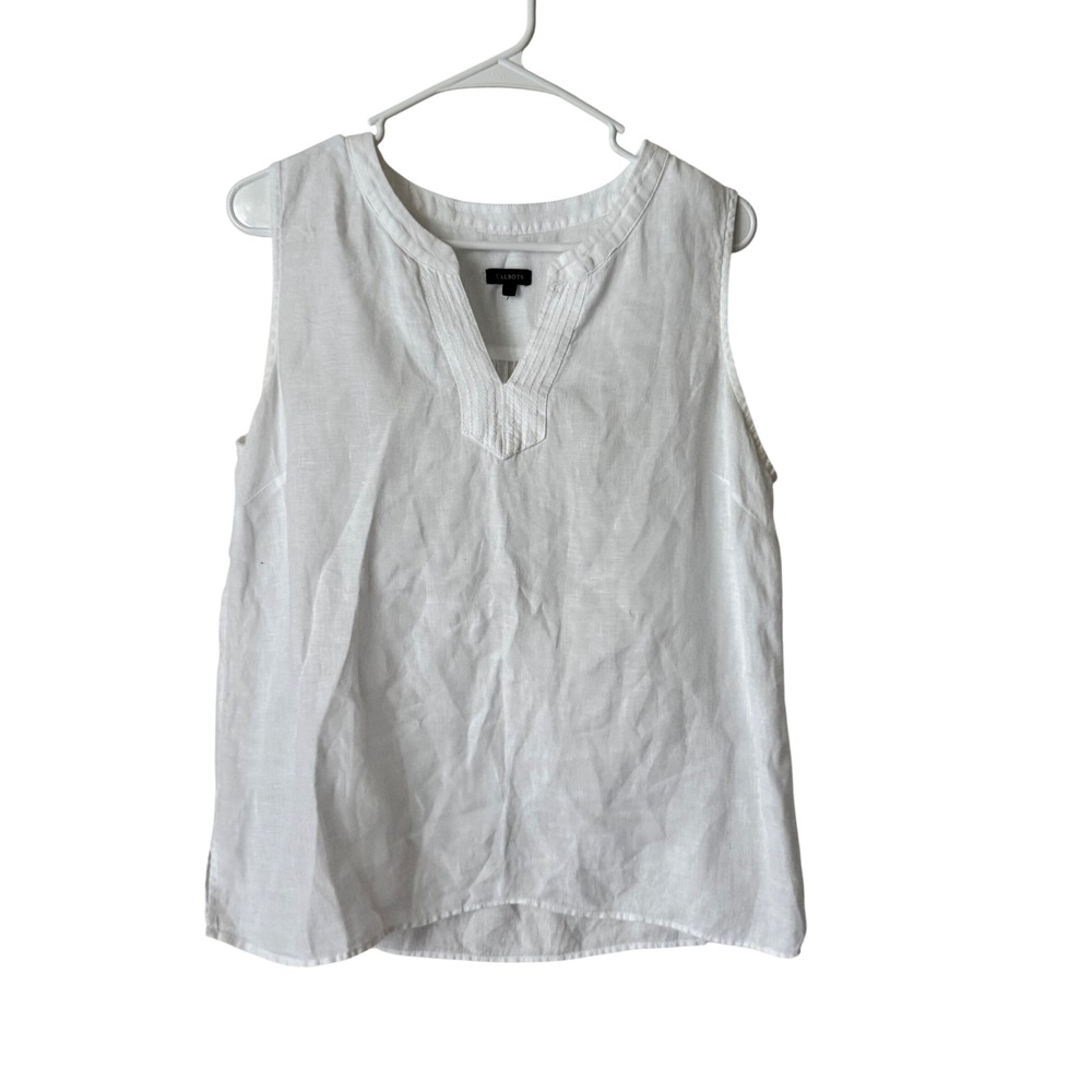 Talbots White 100% Linen Sleeveless Split V-Neck Blouse Top Sz M
